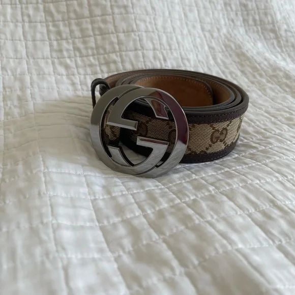 ❌SOLD❌💯Authentic Gucci Canvas Leather Silver Interlocking Buckle belt size 38 - Picture 3 of 15